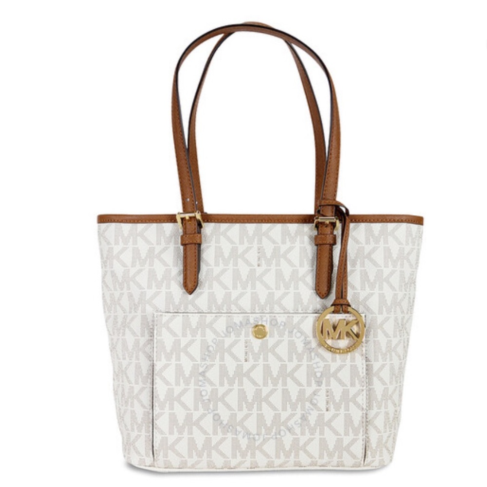 Michael Kors Jet Set Top Zip Snap Pocket Tote - Vanilla, Medium & keychain incl